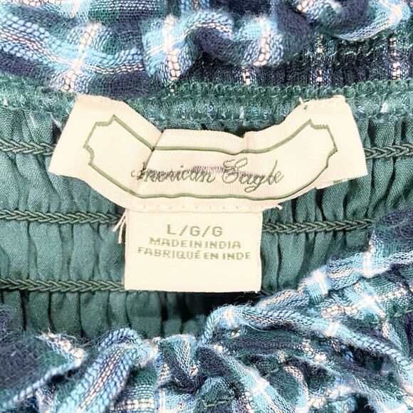 American Eagle Blue Smocked Plaid Babydoll Mini Dress Women’s Large Academia - Picture 5 of 12